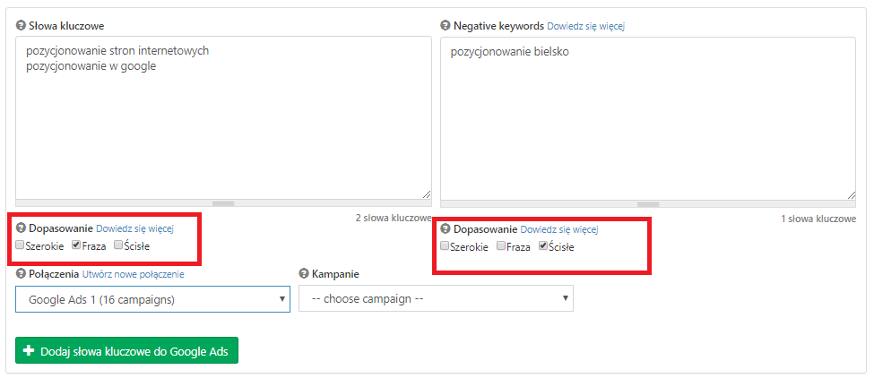 Wybór dopasowania słów kluczowych dla kampanii Google Ads