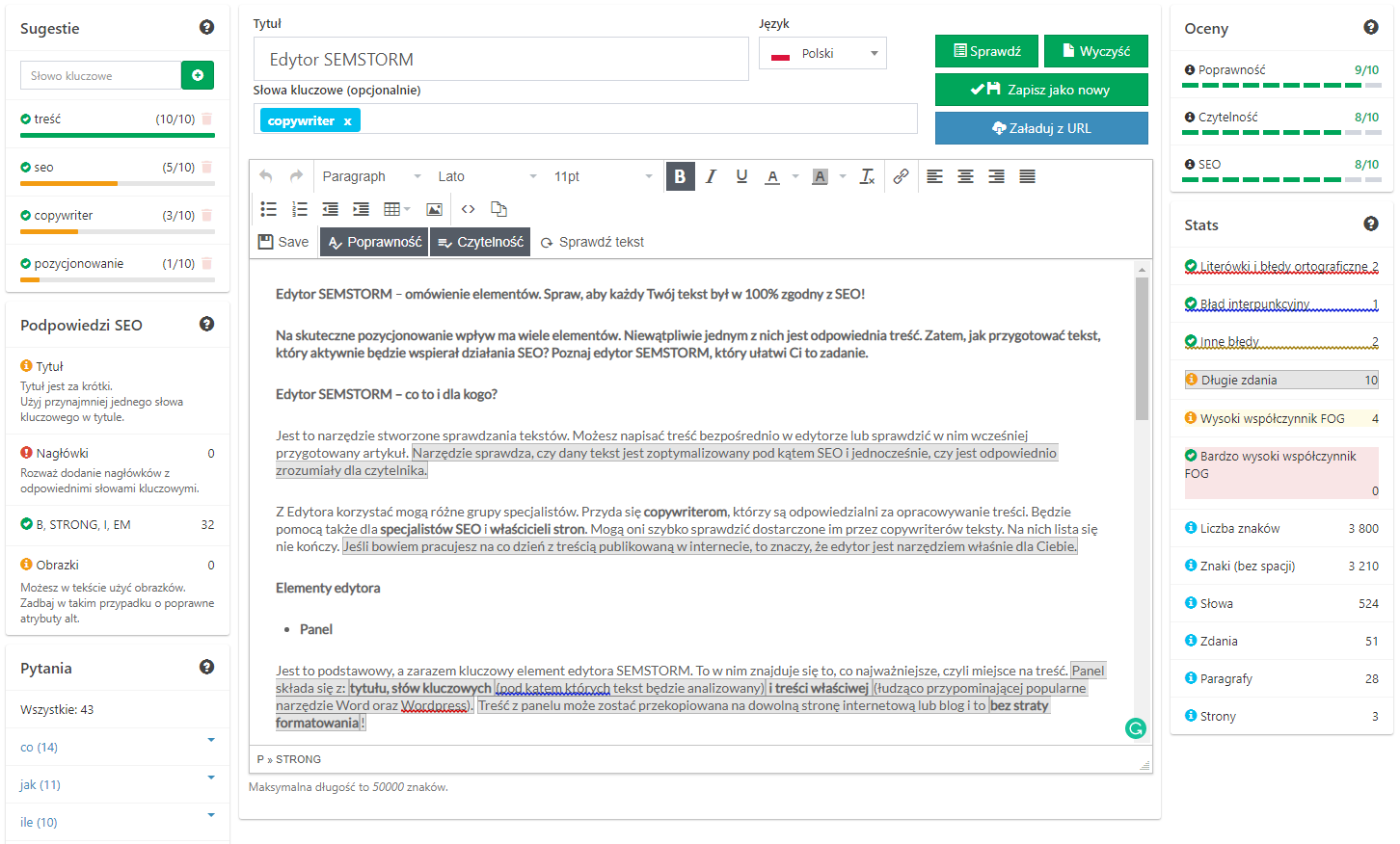 Edytor SEMSTORM wspomagający tworzenie tekstów SEO