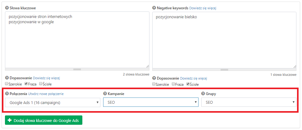 Dodawanie fraz do kampania i grupa reklam z SEMSTORM