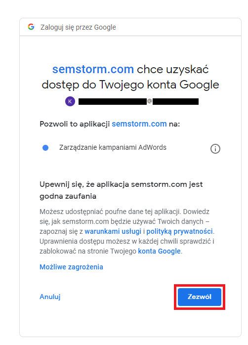 Zezwolenie na dostęp do konta Google Ads